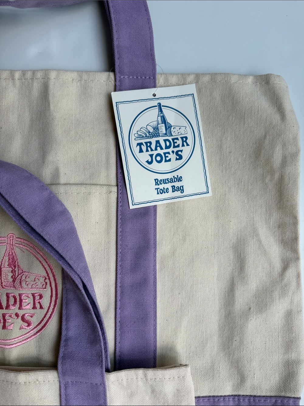 Trader Joe’s Canvas Large and Mini Tote Bag Set- Cream with Lavender Handles - Picture 6 of 7